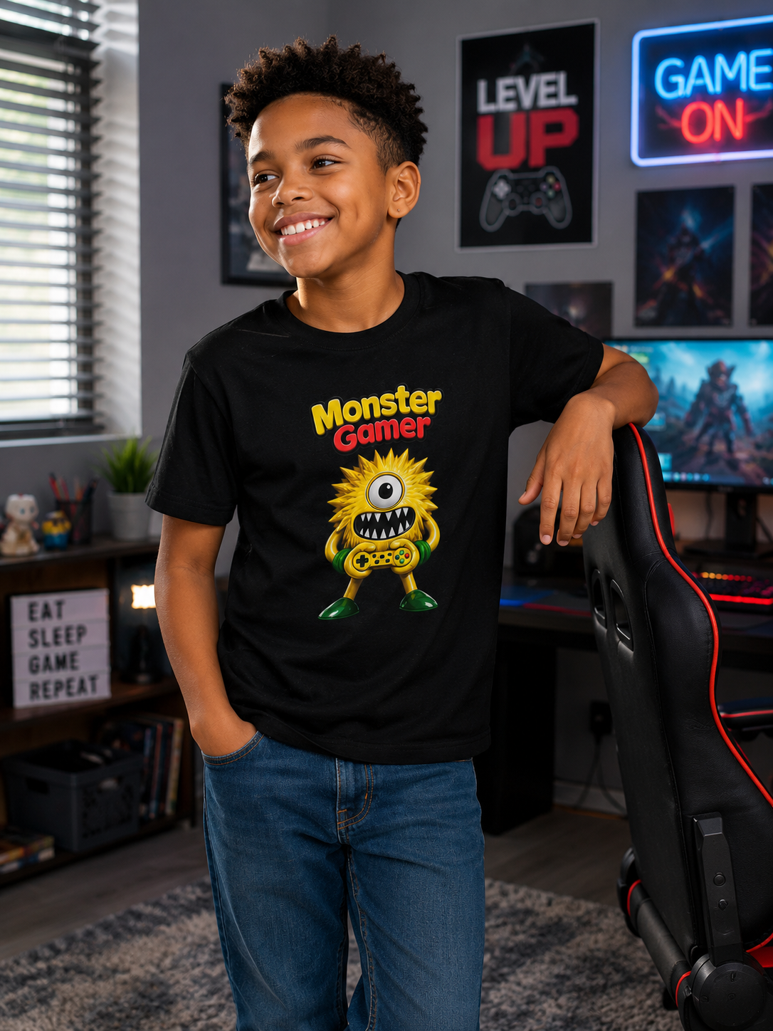 Youth Tee — "Monster Gamer" Cute One-Eyed Gaming Monster Graphic Shirt
