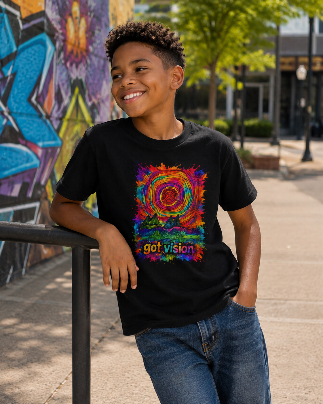 Youth T-Shirt — Colorful 'got vision' Psychedelic Sun & Mountains Graphic